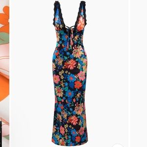 Floral Print Lace Trim V-neck Maxi Dress